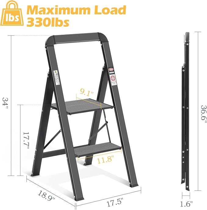 KINGRACK Aluminium 2 Step Ladder, Lightweight Step Stool with Non-Slip Pedals, Handrail, 330LBS Foldable Step Ladder for Kitchen, Garage, Home, Space Saving, Sturdy and Portable, Black - Image 7
