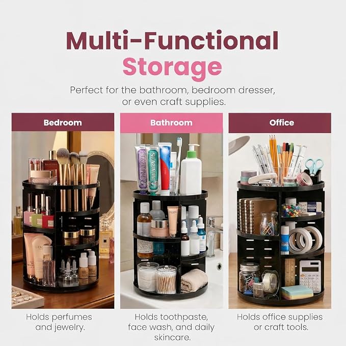 Masirs 360 Rotating Makeup Organizer Countertop, Adjustable Shelf, Black | 360-Degree Rotating Makeup Organizer, Adjustable Shelf Height, Cosmetic Perfume Skincare Storage, Vanity Countertop, Black - Image 6