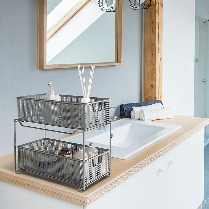 DecoBrothers 2 Tier Bathroom Storage Organizer with Pull-Out Drawer, Silver - Image 5