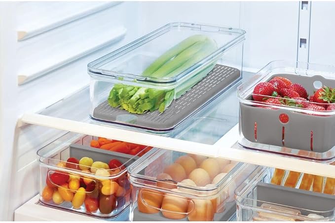 iDesign Crisp Produce Plastic Refrigerator and Modular Stacking Pantry Bin with Lid and Removable Inner Basket, Perfect for Washing Vegetables, Fruit, Lettuce, BPA Free 15.72" x 6.32" x 3.76" | Drain Tray, For Fruits & Veggies, Clear - Image 2
