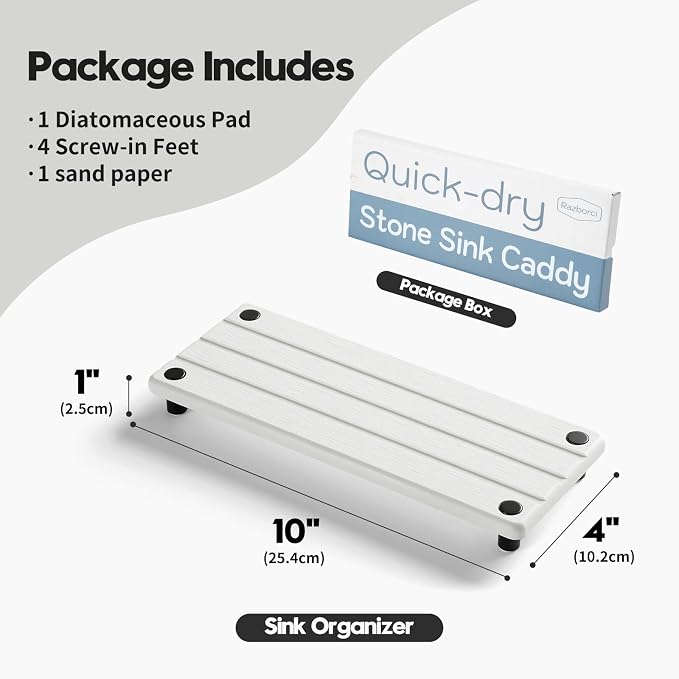 Instant Dry Sink Caddy Kitchen Sink Organizer, Quick Drying Diatomaceous Earth Stone Sink Tray Sponge Holder Soap Dish, Bathroom Countertop Vanity Dispenser Toothbrush Bottle, White, 10" x 4" - Image 6