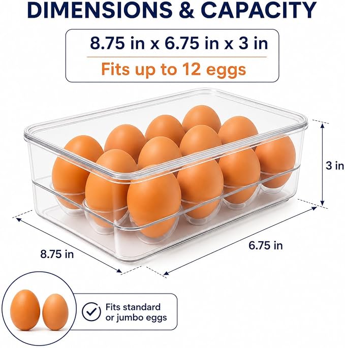 Dependable Industries inc. Essentials Stackable Plastic Egg Holder for Refrigerator with Lid – Clear 12 Count Fridge Egg Container, BPA Free Egg Storage Organizer Bin - Image 4