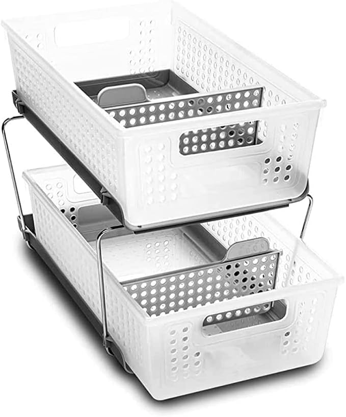 madesmart Two Tier Organizer with Dividers, Frost | pull out bins, tiered access, cleaning supplies, under sink use, pantry bottles, woman owned by madesmart%C2%AE
