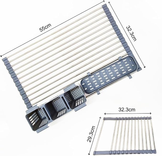 Gabrielline Expandable Roll Up Dish Drying Rack for Kitchen Sink, 21.6” x 12.7” Stainless Steel Over Sink Drying Mat with Utensil Holder & Drip Tray, Space Saving Heavy Duty Kitchen Rack Set - Image 3