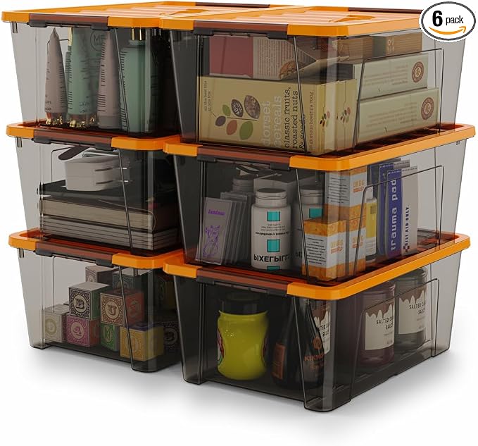 WYT 5-Quart Small Storage Container Bin with Orange Secure Lid and Black Clear Latch Buckles, Durable Plastic Stackable Nestable Organizin, 6-Pack by WYT