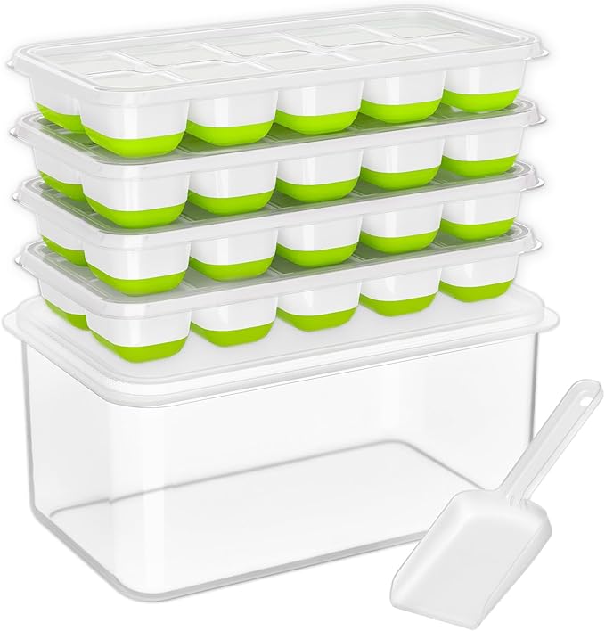 DOQAUS Ice Cube Tray with Lid and Bin,4 Pack Ice Cube Trays for Freezer | Silicone, Stackable. Easy Release Trays with Storage Bin & Scoop. Ideal for Freezer, Kitchen, RV, Cocktail, Coffee. by DOQAUS