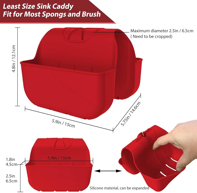 Sponge Holder for Kitchen Sink, Silicone Sink Saddle Caddy Organizer Rack, Sponges Holder Over Faucet, Hanging Kitchen Organizer Accessories Rack Basket Red - Image 3