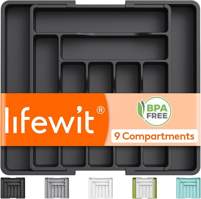 Lifewit Utensil Organizer for Kitchen Drawer, Expandable Cooking Silverware Tray, Adjustable Cutlery Flatware Holder, Plastic Spatula Tools Storage Divider, 13-22.4 x 15", Black by Lifewit