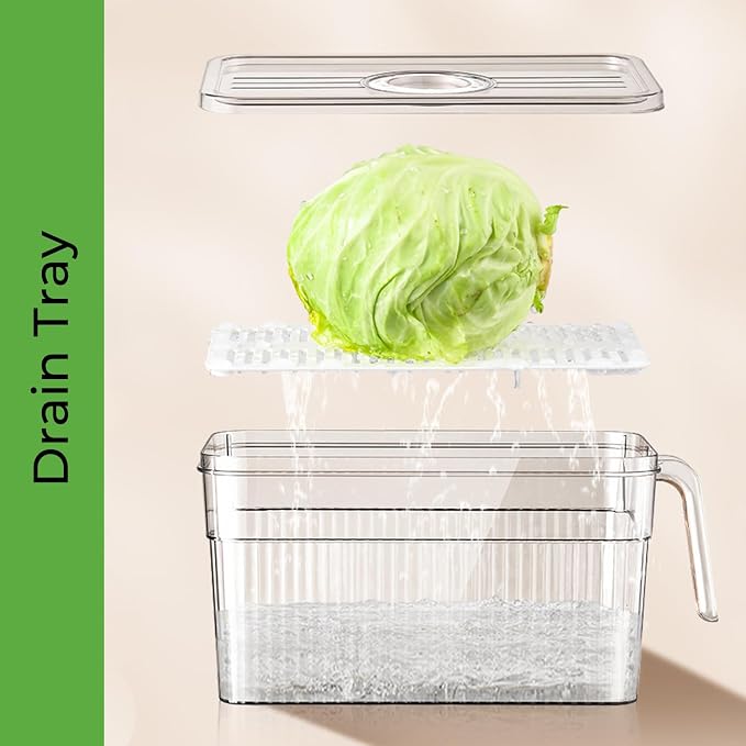 2 Pack Clear Refrigerator Organizers and Storage, Plastic Fridge Organizer Bins with Handle and Removable Drain Tray, Multi-Use Organizer Bins for Kitchen, Cabinets, Fridge, Drinks, Vegetable - Image 5