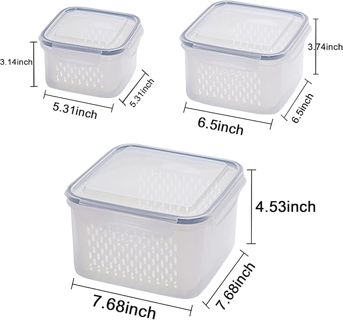 3Pack Fridge Food Storage Container Set with Lids with Strainer, Fruit Vegetable Storage Containers Keep Fruits, Vegetables, Berry, Meat Fresh longer, BPA-Free Plastic Produce Keepers - Image 4