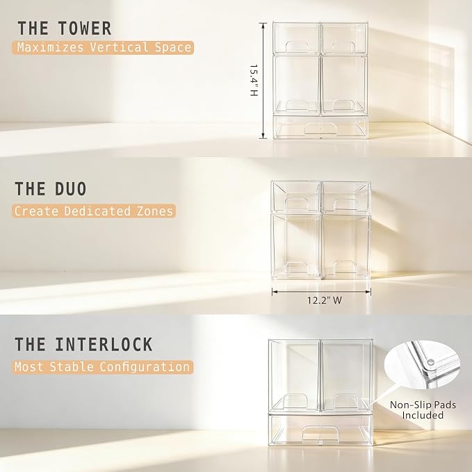 Baby Bottle Organizer, 3-Tier Stackable Acrylic Storage Drawers | Large Capacity Countertop Organizer for Baby Bottles, Pump Parts, Kitchen, Pantry, Bathroom, Undersink, Cabinet & Vanity - Image 4