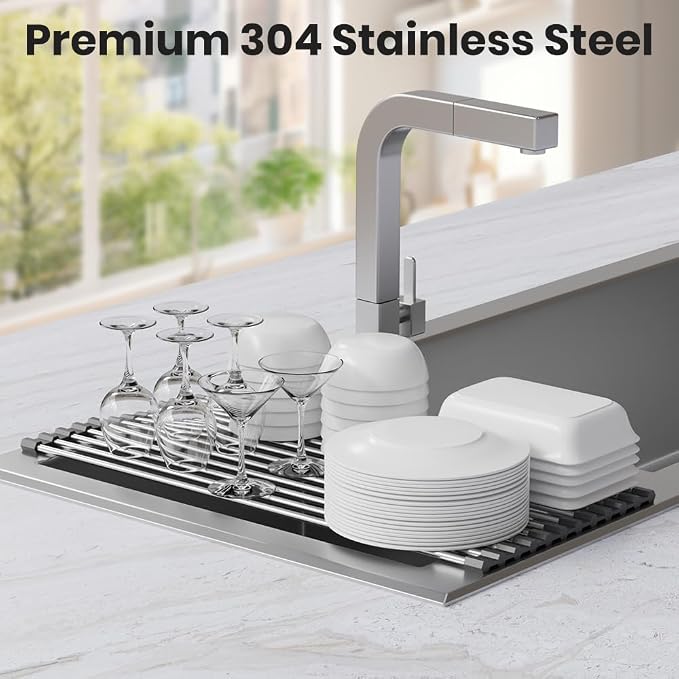 Roll Up Dish Drying Rack, Stainless Kitchen Accessories, Foldable Dish Rack, Anti-Slip Design Sink Counter Storage, Over The Sink Dish Rack, Stainless Steel, (17.5" x 12") Gray - Image 3