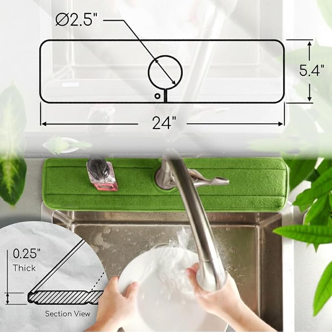 Ternal Original SINKMAT 24in XL Faucet Splash Guard Extra Long Microfiber Sink Drip Catcher Mat Non Slip Countertop Protector Drying Pad Kitchen Bathroom RV Machine Washable [Moss Green] - Image 3