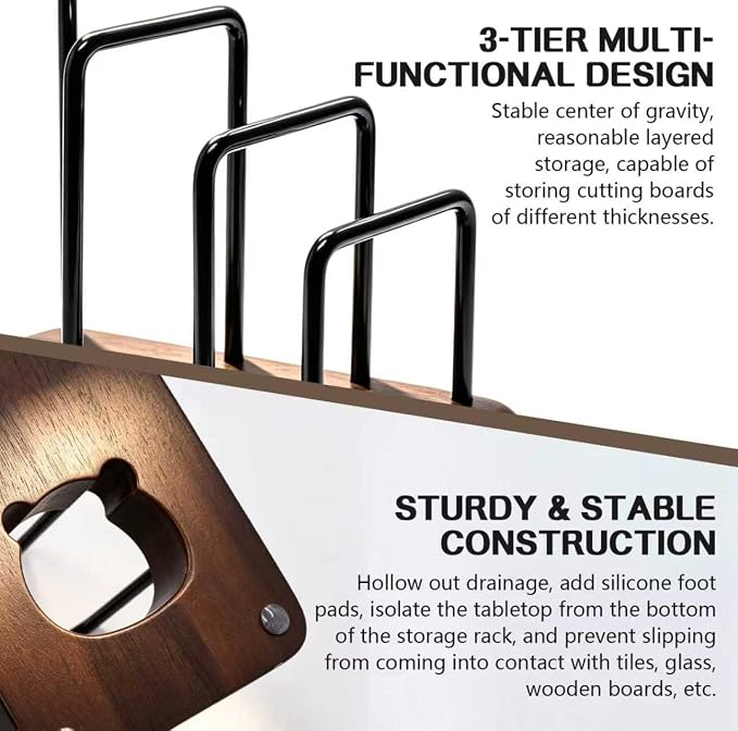 Chopping Board Rack with Walnut Base – 3 Slot Wood Cutting Board Holder | Pot Lid Stand, Baking Trays Pans Plates Cabinet Storage Divider Accessory for Home Countertop Kitchen Storage & Organizer - Image 3