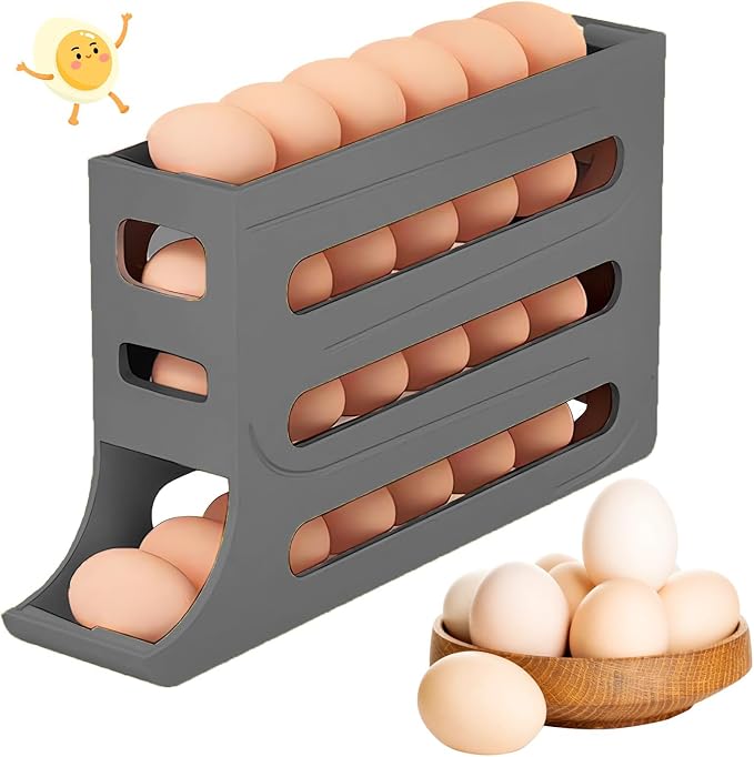 Egg Holder for Fridge, 4 Tiers Dispenser, 30 Egg Container Refrigerator, Large Capacity Organizer Automatic Fridge Rolling Egg Container for Pantry Countertop (Grey) by Jofarstep