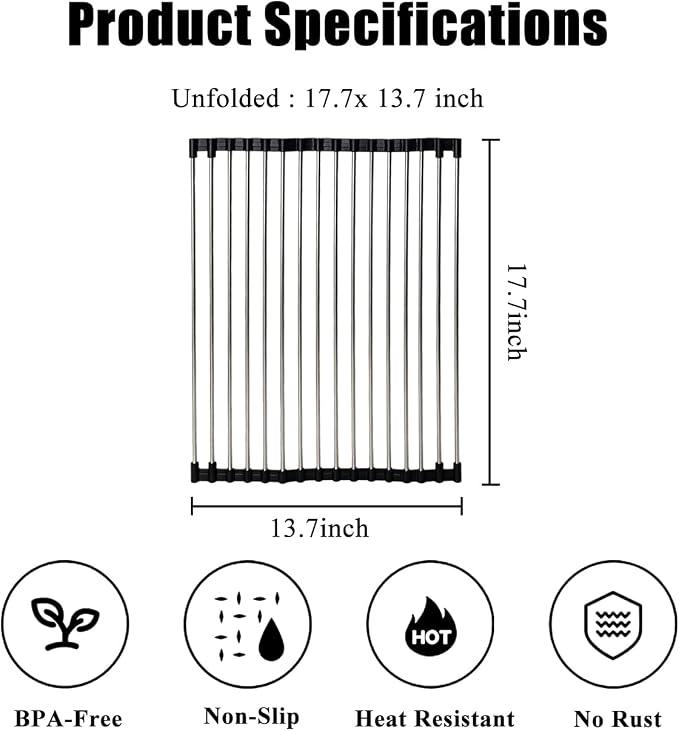 Roll Up Dish Drying Rack 17.5''x13.7'' Black | Kitchen Rolling Dish Drainer, Foldable Sink Rack Mat Stainless Steel Wire Dish Drying Rack for Kitchen Sink Counter Storage - Image 3