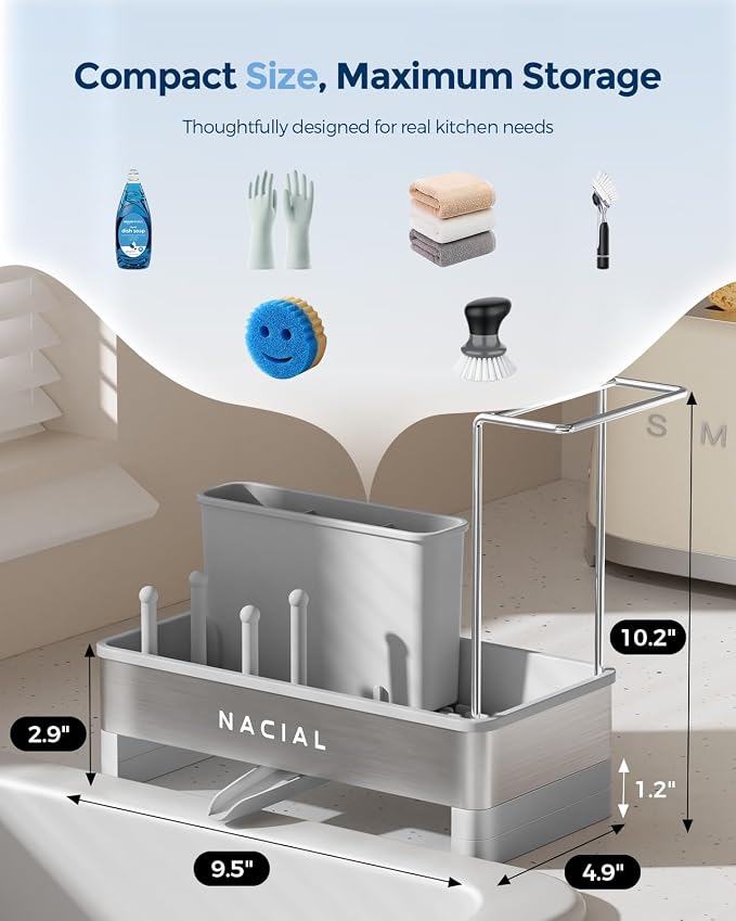 Nacial Kitchen Sink Organizer, Sink Caddy with Sponge & Tall Brush Holder | 304 Stainless Steel Kitchen Countertop Organizer with Double-Bar Towel Holder, Stores Sponge, Brush, Towel & Sink Essentials - Image 2
