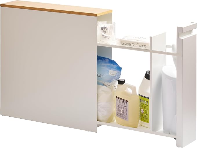 Yamazaki Home Pull-Out Bathroom Storage Cabinet with Wood Top, White | Slim space-saving bathroom storage cabinet with a natural wood top. Clever pull-out design. Holds 12 rolls of toilet paper. by Unknown