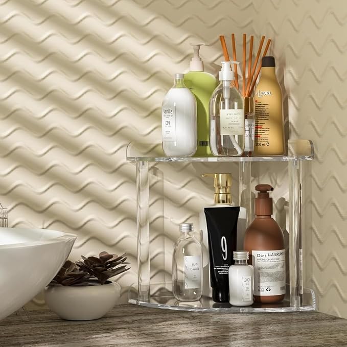 2 Tier Clear Acrylic Bathroom Corner Organizer, Countertop Vanity Tray for Makeup, Cosmetics, Perfume - Freestanding Storage Shelf for Bathroom, Bedroom, Kitchen - Image 4