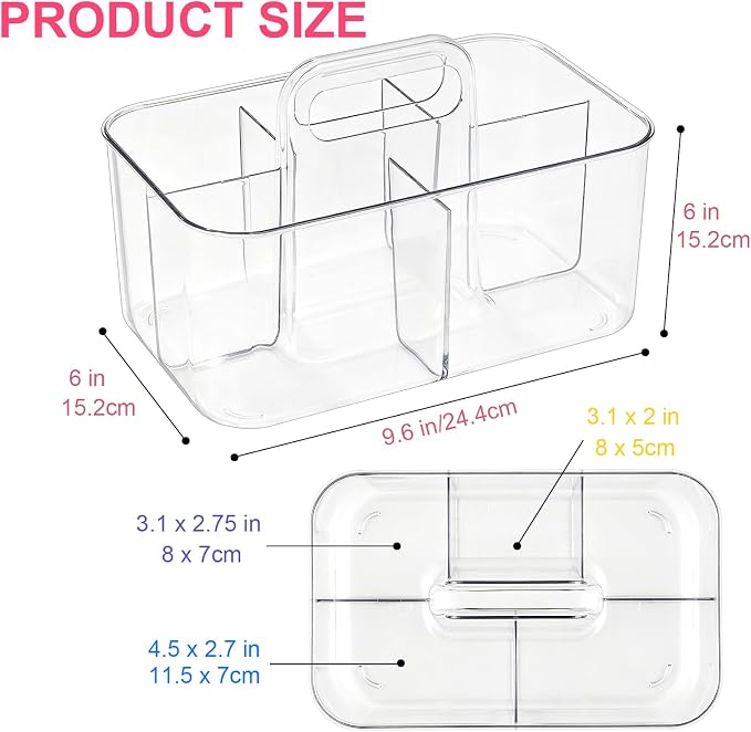 Plastic Storage Caddy with Handle, Clear Shower Makeup Caddy Organizer with 5 Compartments, Portable Multi-Purpose Desk Caddy for Craft Art Supply Pencils Home Office Bathroom Supplies - Image 4