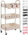 3 Tier Khaki Metal Utility Rolling Cart, Storage Cart with Lockable Wheels | Multifunctional Organizer Trolley with Mesh Storage Baskets and Handle for Kitchen, Office, Living Room, Laundry, Garage,Dorm by Recximi