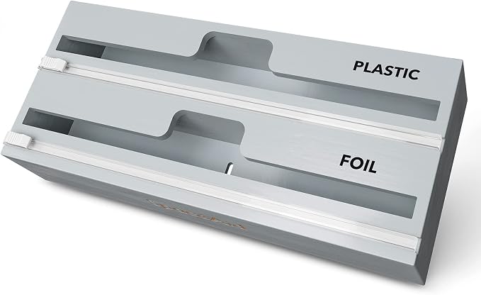 SpaceAid WrapNeat 2 in 1 Wrap Organizer with Cutter and Labels, Plastic Wrap, Aluminum Foil and Wax Bamboo Dispenser for Kitchen Storage Organization Holder for 12" Roll (Gray) by SpaceAid