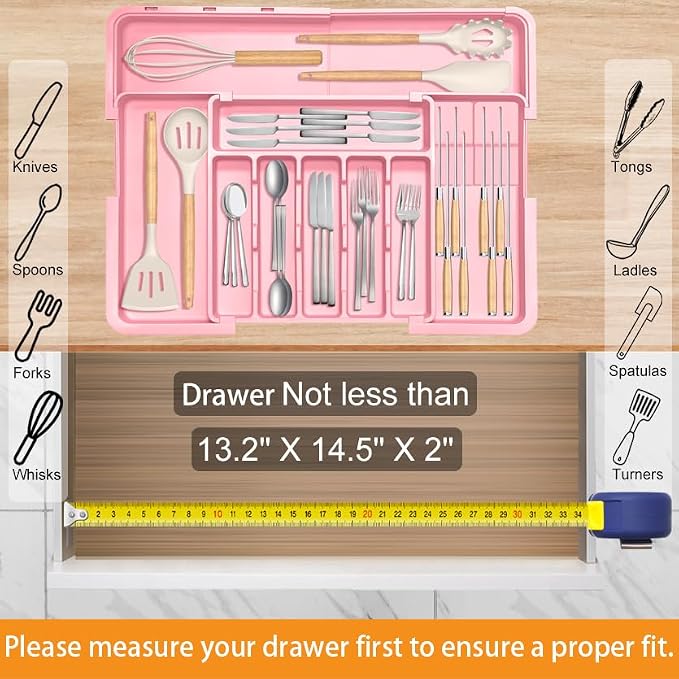 Silverware Organizer - Expandable Large Kitchen Drawer Organizer Utensil Organizer with 2 Knife Block Inserts, 22"x 19"Cutlery Tray with Drawer Dividers for Kitchen Flatware (Pink) - Image 6