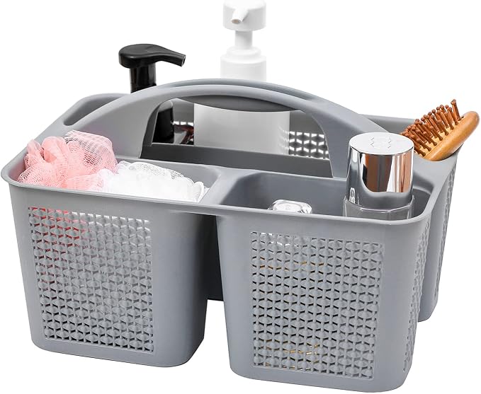 Plastic Portable Shower Caddy Basket with Handle, 3 Compartments, Grey | Storage Organizer with Drain Holes, Sturdy and Durable For Bathroom, Kitchen, College Dorm, Sink, Camping by UUJOLY