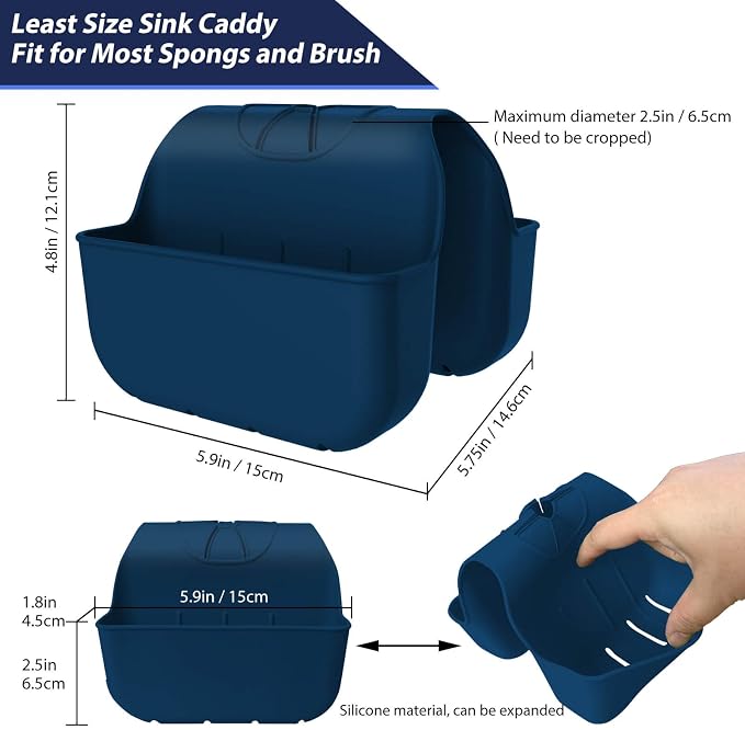 Sponge Holder for Kitchen Sink, Silicone Sink Saddle Caddy Organizer Rack, Sponges Holder Over Faucet, Hanging Kitchen Organizer Accessories Rack Basket Navy Blue - Image 3