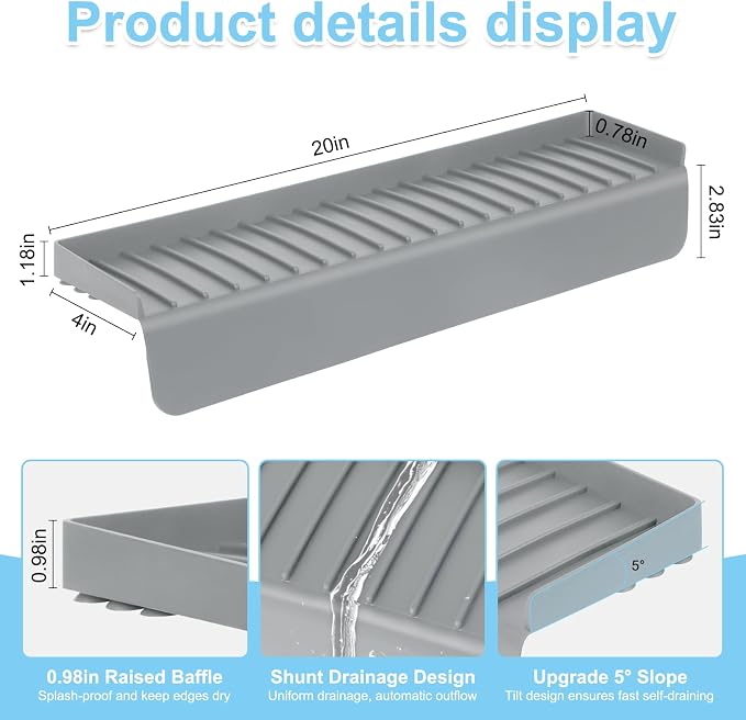 Silicone Faucet Splash Guard 4" x 20", Faucet Water Catcher Mat, Longer Silicone Sink Mat for Kitchen, Bathroom, Laundry Room, Farmhouse for Quartz Kitchen Sink（Gray） - Image 2