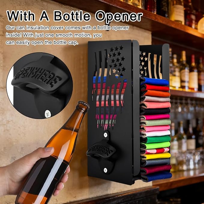 Can Cooler Holder with Bottle Opener, 2 in 1 Personalized Beer Can Sleeves Storage Organizer Wall Mount Beer Sleeves Organizer Dispenser for Home Family Bar Ideal Gift for Men Dad - Image 4