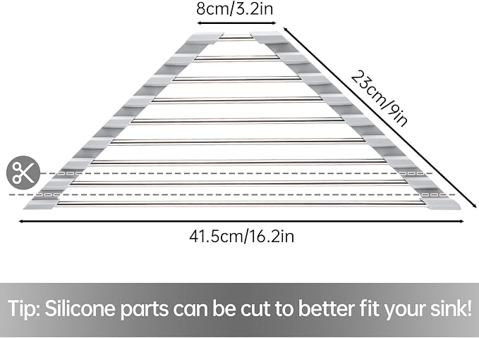 Tomorotec Triangle Roll-Up Dish Drying Rack for Sink Corner Small Foldable Stainless Steel Over The Sink Multipurpose Kitchen Drainer Caddy Organizer Storage Space Saver Shelf Holder (Gray) | BPA-Free Food-Grade Silicone Edges Foldable Waterproof Rustp... - Image 4