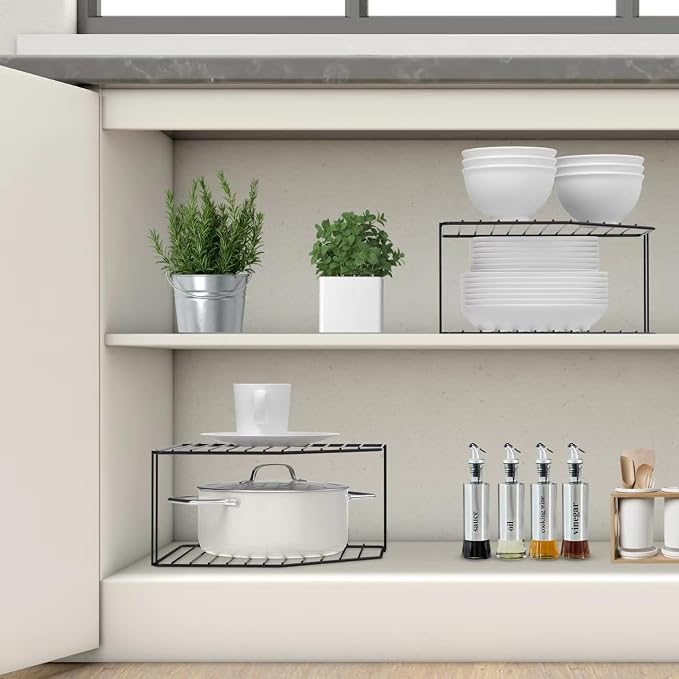 AKAZA 2Pcs 2-Tier Corner Stackable Organizer Shelf for Kitchen - Cabinet Storage Shelf Rack, Shelves，Kitchen Counter and Cabinet Shelf, Storage Rack Organizer (Black) - Image 2