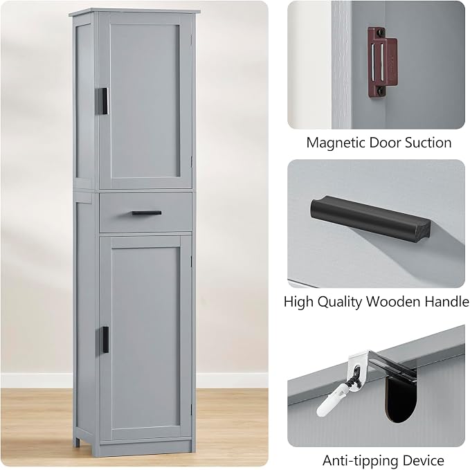 usikey 67“ Tall Bathroom Cabinet, Storage Cabinet with 4 Shelves & 2 Doors, Narrow Storage Cabinet for Bathroom, Living Room, Home Office, Greige - Image 7
