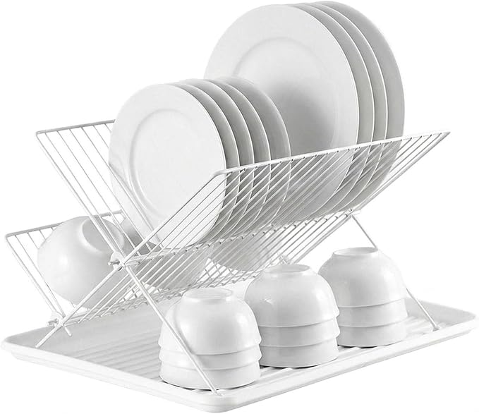 White Foldable 2-Tier Dish Rack - Heavy-Duty Metal Drying Rack with Removable Drip Tray, Collapsible Kitchen Sink Organizer for Plates, Bowls, Cups & Utensils by Unknown