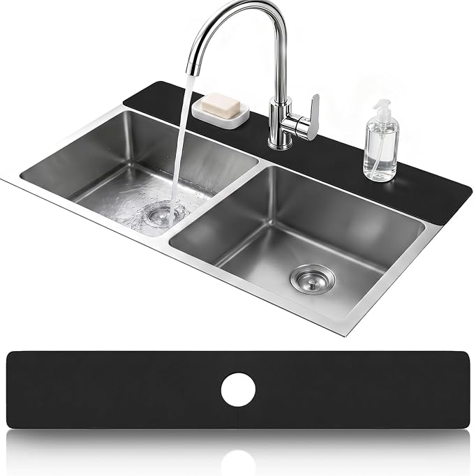 LOPNUR Cuttable Faucet Mat for Kitchen Sink, Extra Long 29 Inch, Black | Super Absorbent & Fast Dry Diatomite Sink Splash Guard, 0.8-2.4 Inch Adjustable Faucet Hole, Cut to Fit Bathroom & RV Sinks by LOPNUR