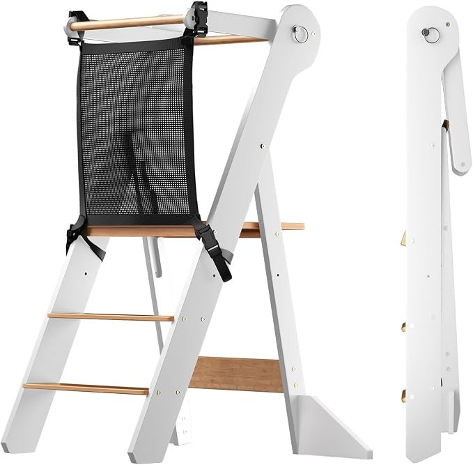 COSYLAND Toddler Standing Tower Foldable Toddler Kitchen Step Stool | Adjustable Height Folding Step Stool for Kids Learning & Cooking - Ages 18 Months to 6 Years with Safety Net Natural & White by COSYLAND