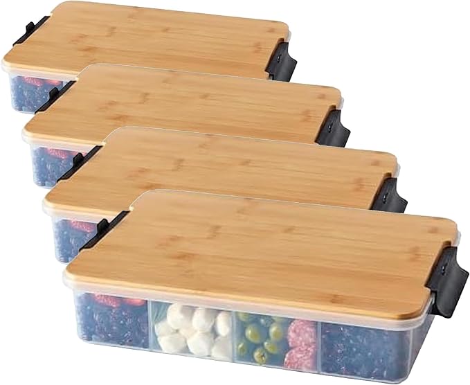 Farberware Build Snacklebox Serving Tray with Locking Bamboo Cutting Board Lid, Portable Storage Container with Compartments for Charcuterie, and More, Natural (Pack of 4) by Farberware