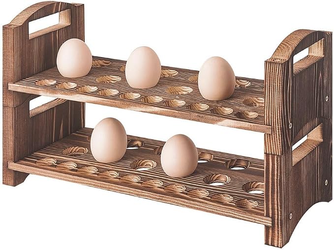 Wooden Egg Holder 2 Layer Rack Holders Countertop Stackable Quail Egg Sorter Storage Trays Organizer Display Stand Kitchen Rack Fits Duck, Turkey, Chicken Eggs,up to 36 Eggs, 2 Tier-Brown by PrimRend