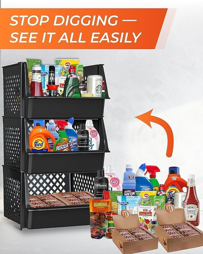Large Stackable Storage Bins Open Front for Pantry Storage, 6 Pack - Black | Sturdy Plastic, Easy Stacking, Open Front Access, Ventilated Sides, Vertical & Space Saving Pantry Organizers and Storage Bin - Image 4