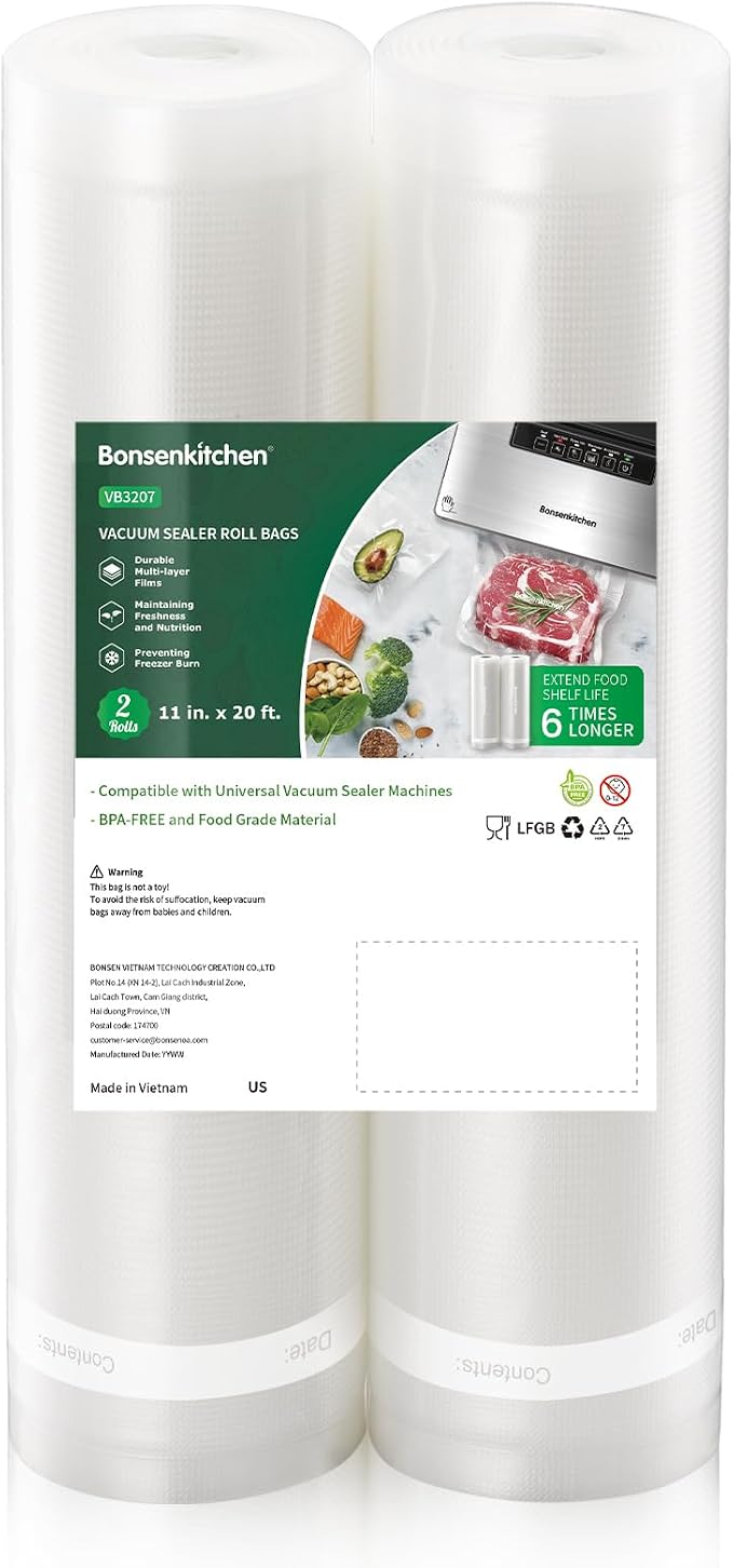 Bonsenkitchen Vacuum Sealer Bags, 11" x 20' Rolls 2 Pack for Food Storage | Commercial Grade Textured Food Roll, Bpa Free, Heavy Duty, Customized Size Bag for Sous Vide Cooking, VB3207 by Bonsenkitchen