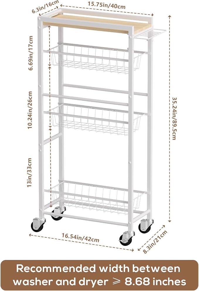 4 Tier Slim Rolling Storage Cart with Pull-Out Baskets, Narrow Sliding Storage Slim Laundry Cart Slim Rolling Kitchen Cart - Image 3