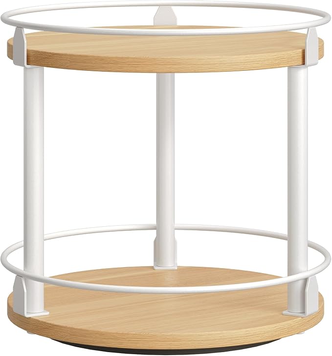 Lazy Susan Organizer, Rotating Spice Rack, 2 Tier Spice Turntable Organizer, Industrial Turntable Spice Holder, for Kitchen Countertop, Compact and Versatile, White and Natural SR22WN by Yatiney