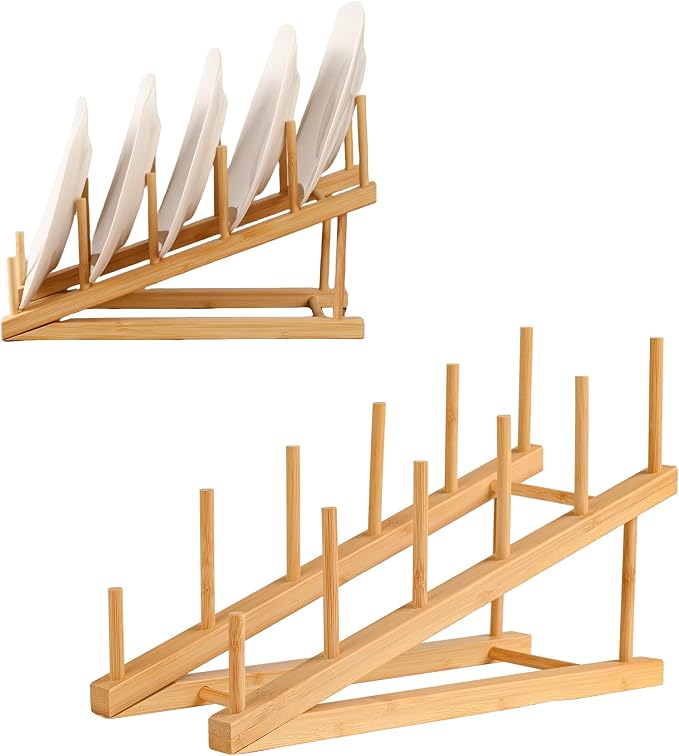 2 Pack Plate Stands for Display, 5-Tier Wooden Plate Rack Organizer | Plate Holder, Tabletop Display Stand for Book, Art Print, Photo, Puzzle, Magazine, Platter and Craft Show Vendor Booths by SRYESA