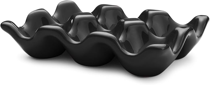 Flexzion Ceramic Egg Holder for Fridge - 6 Cups Egg Tray Half Dozen Porcelain Container Keeper Storage Organizer Decorative Serving Dish Serveware for Refrigerator Countertop Display Kitchen (Black) - Image 2