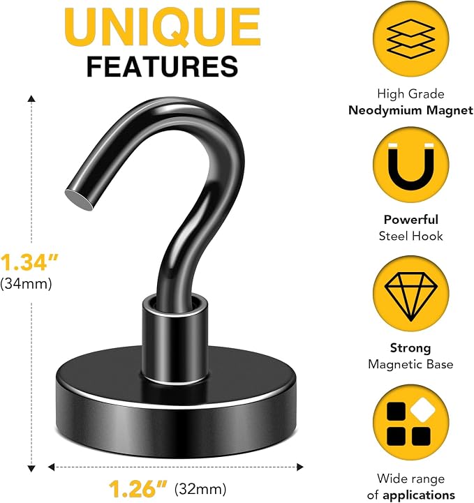 DIYMAG Magnetic Hooks,120lbs 10pcs Cruise Cabin Essentials Heavy Duty Black | Strong Neodymium Rare Earth Magnets, for Kitchen, Classroom, Beach, Cruise Cabins, Refrigerator, Hanging Key Clothes Wall Hat - Image 3