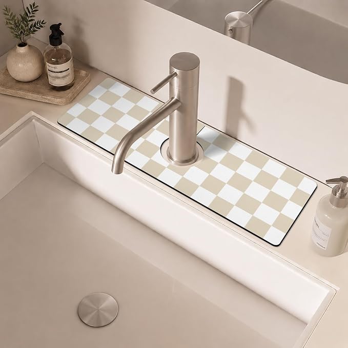 Light Brown White Checkered Kitchen Sink Splash Guard Faucet Mat,Faucet Non-Slip Absorbent Mat,Farmhouse Sink Splash Guard Behind Faucet for Kitchen Bathroom, 15"x5.5" - Image 6