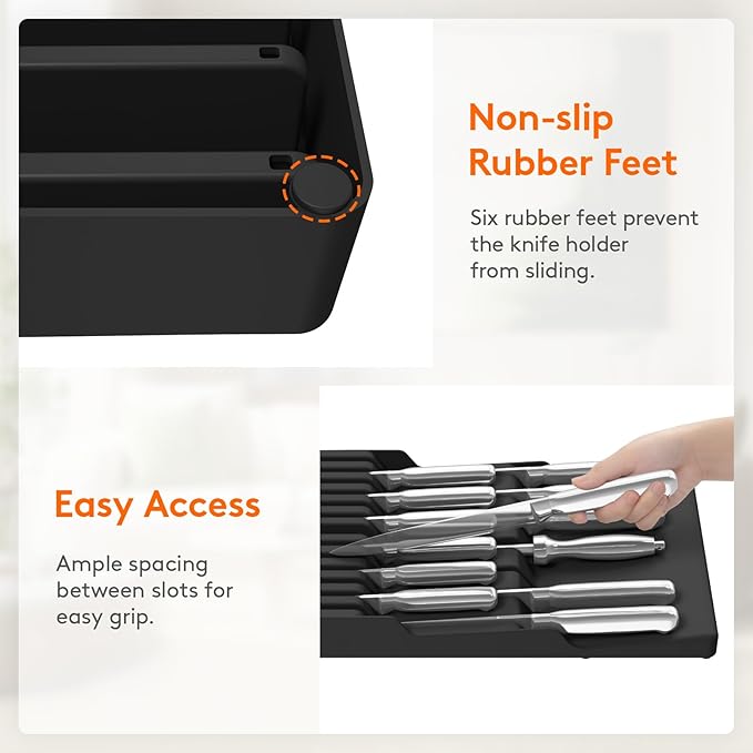 Lifewit Magnetic Drawer Knife Organizers Insert Pastic for 12 Knives, Black | Kitchen Plastic In Drawer Knife Block Slots, Steak Chefs Knives Holder Storage for 12 Knives and 1 Sharpening Steel 16.5" - Image 6