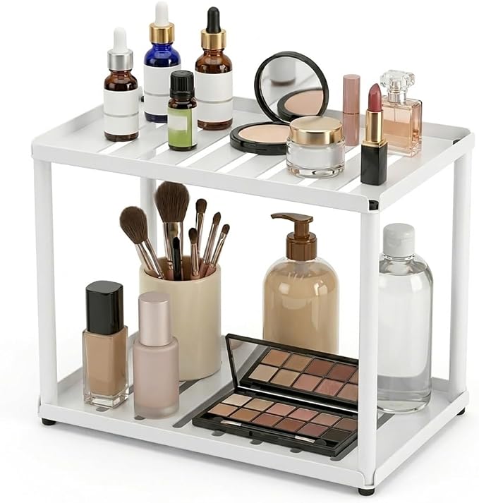 2 Tier Bathroom Counter Organizer, Rectangular Vanity Organizer Shelf, Skincare and Makeup Countertop Storage Rack for Kitchen, Bathroom, Bedroom,White by Unknown