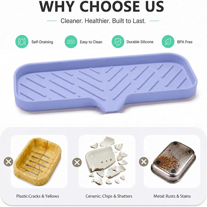 MicoYang Silicone Soap Dish with Drain Spout — Self-Draining Double Sink Organizer Tray for Kitchen & Bath, Dispensers, Sponges & Soap Holder, Non-Slip & Dishwasher Safe, Light Purple (Large, 12"×4") - Image 3